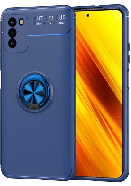- Xiaomi Poco M3 - Kılıf Yüzüklü Karbon Ravel Silikon Kapak - Mavi