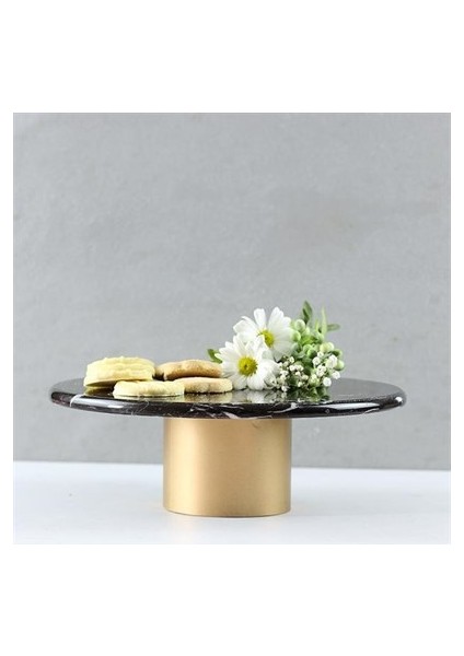 Mermer 25 cm Metal Ayaklı Siyah Yuvarlak Sunum Tabağı