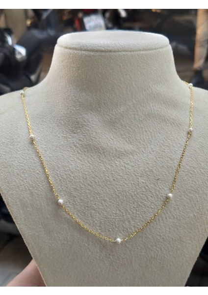 Gümüş Sıralı Incili Altın Kaplama Zincir 40 Forse