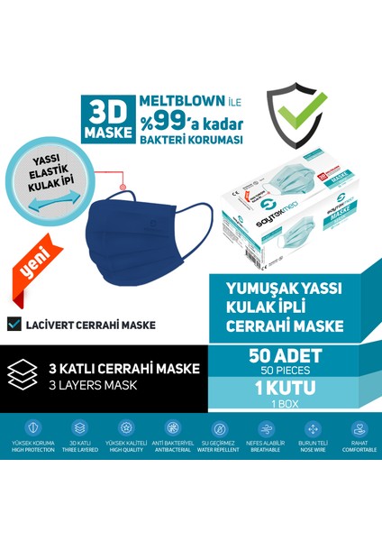 Saytekmed Meltblown Filtreli, Yassı Ipli, Lacivert Cerrahi Maske (1Kutu/50 Adet)