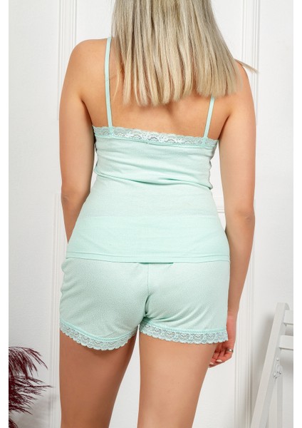 Kadın Dantel Detaylı Şort/askılı Alt/üst Puantiyeli Pijama Takımı