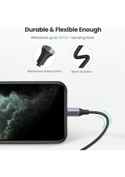 Örgülü Type-C to Lightning iPhone Uyumlu Hızlı Şarj Kablosu Siyah 1.5 Metre