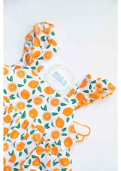 Portakal Desenli Turuncu Beyaz Fırfırlı Kız Bebek Kloş Elbise fiyatları