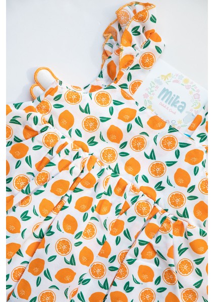 Portakal Desenli Turuncu Beyaz Fırfırlı Kız Bebek Kloş Elbise modelleri