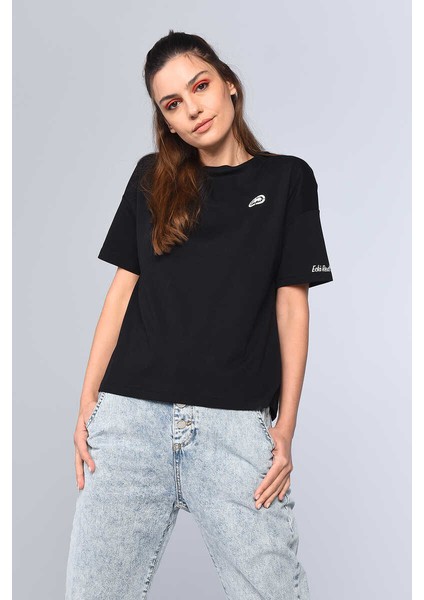 Taıl Siyah Kadın Bisiklet Yaka Tshirt