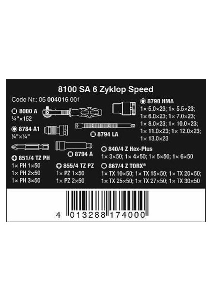 8100 Sa 6 Zyklop Cırcırlı Lokma Bits Set 1/4" 05004016001