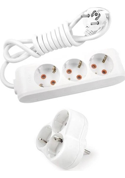 Beyaz Set Multi-Let 3'lü Topraklı Çocuk Korumalı Grup Priz 5 Metre Kablo & 3'lü Yonca Fiş-Priz