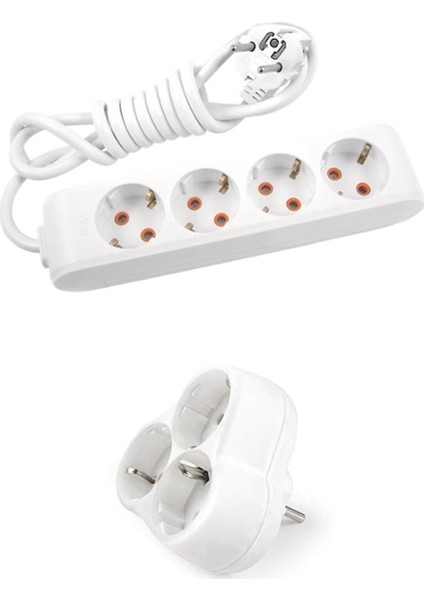 Beyaz Set Multi-Let 4'lü Topraklı Çocuk Korumalı Grup Priz 5 Metre Kablo & 3'lü Yonca Fiş-Priz