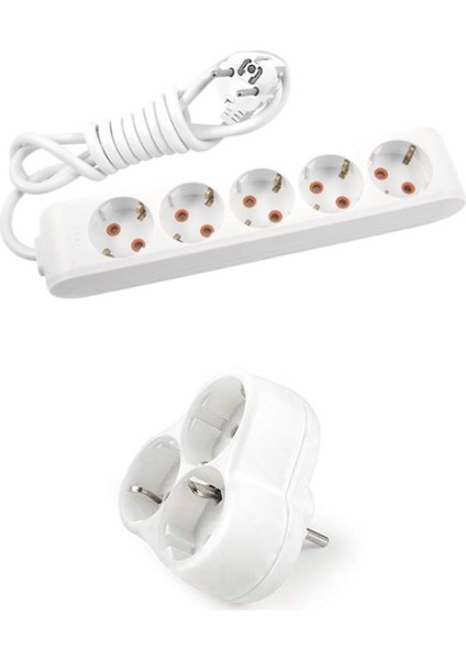 Beyaz Set Multi-Let 5'li Topraklı Çocuk Korumalı Grup Priz 2 Metre Kablo & 3'lü Yonca Fiş-Priz