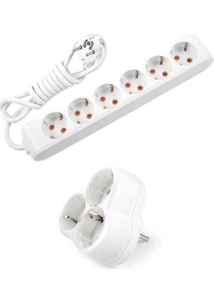 Beyaz Set Multi-Let 6'lı Topraklı Çocuk Korumalı Grup Priz 5 Metre Kablo & 3'lü Yonca Fiş-Priz