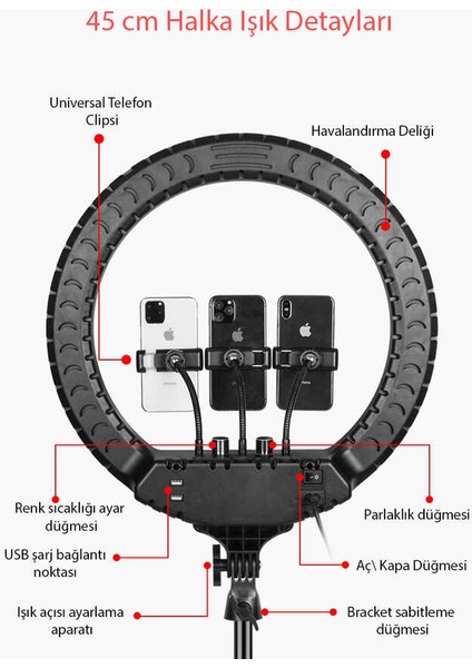 Ring Light LED 18’’ 45 cm Kumandalı Profesyonel Işık Halkası Stüdyo Sosyal Medya Makyaj Işığı + 210 cm Ayak Dahil indirimleri