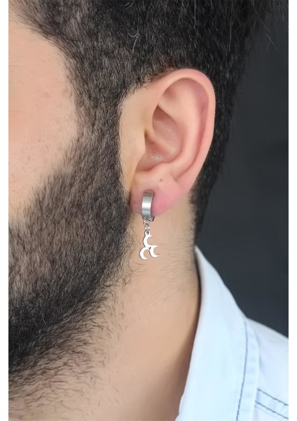 Silver Renk Kaplama 3 Hilal Figürlü Çelik Kıstırmalı Erkek Küpe