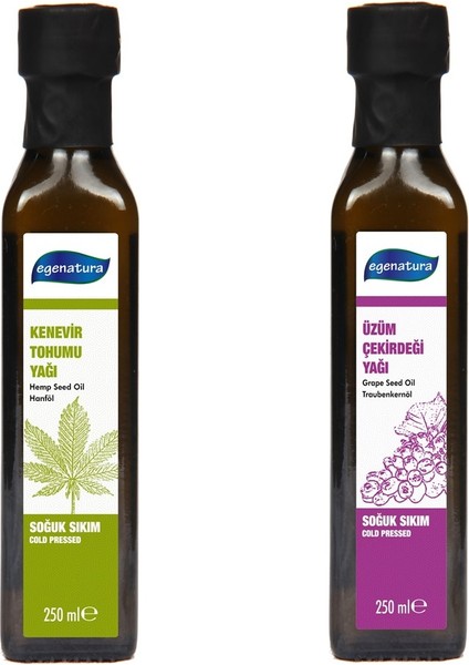 250 ml Kenevir Tohumu Yağı+ 250 ml Üzüm Çekirdeği Yağı Soğuk Sıkım Cam Şişe 2X250 ml 2'li Avantaj Seti