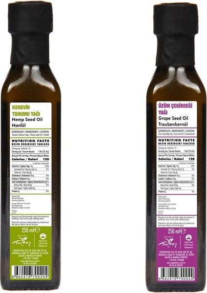 250 ml Kenevir Tohumu Yağı+ 250 ml Üzüm Çekirdeği Yağı Soğuk Sıkım Cam Şişe 2X250 ml 2'li Avantaj Seti fiyatları