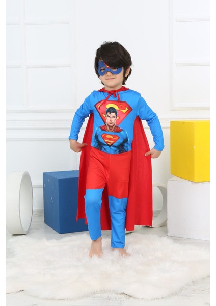 Erkek Çocuk Superman Kostüm Maske + Pelerin