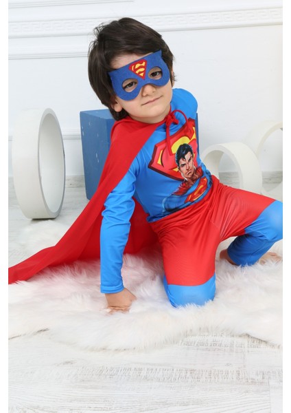 Erkek Çocuk Superman Kostüm Maske + Pelerin