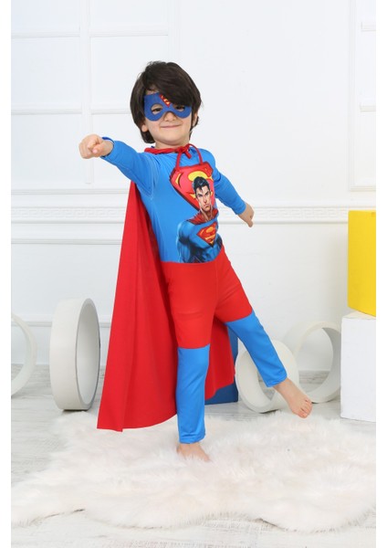 Erkek Çocuk Superman Kostüm Maske + Pelerin