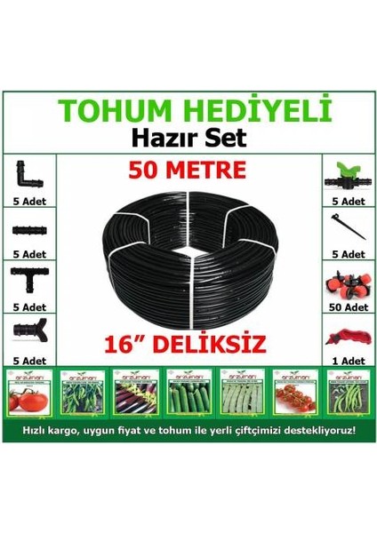* Tohum * 50 mt Hazır Set Deliksiz Damla Sulama Hortumu