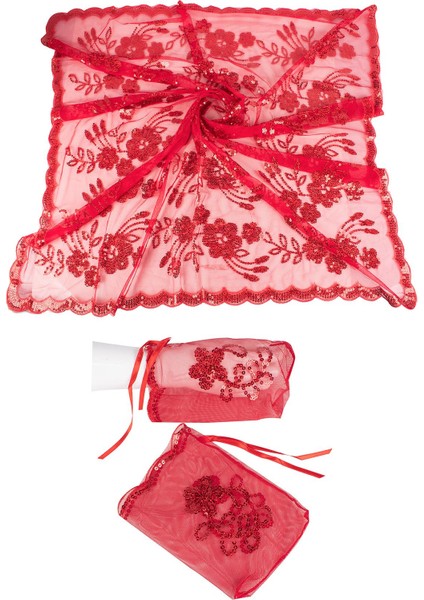 Kına Örtüsü Pullu Kırmızı Gelin Duvağı