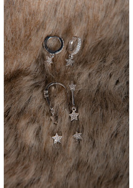 Üçyıldızlı Kombin Zirkon Taşlı 925 Ayar Gümüş Küpe modelleri