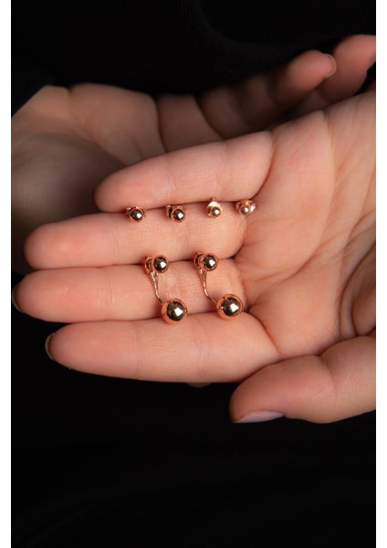 Üçlü Top Kombin Rose Kaplama Kadın Gümüş Küpe 925 Ayar modelleri