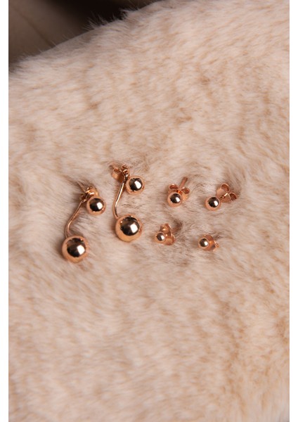 Üçlü Top Kombin Rose Kaplama Kadın Gümüş Küpe 925 Ayar