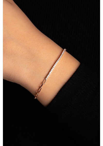 Zirkon Taşlı Rose Altın Kaplama Kadın Bileklik 925 Ayar Gümüş