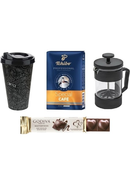 Special 250 gr & Siyah French Press & Kapaklı Plastik Bardak & Godıva Çikolata Hediye Seti