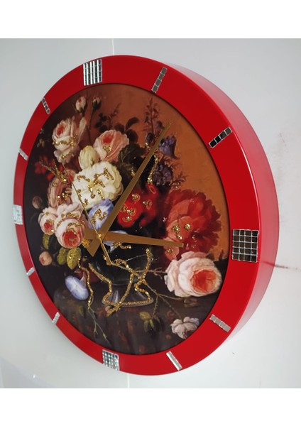 Çiçekli Simli Ofis Salon Duvar Saati Kırmızı Metal Çerçeve 36 cm