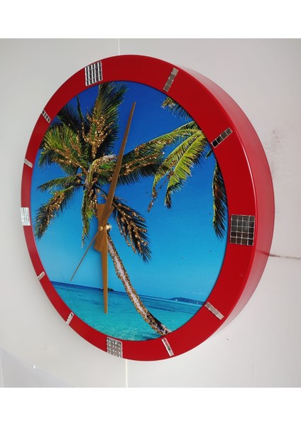 Hawai Simli Ofis Salon Duvar Saati Kırmızı Metal Çerçeve 36 cm
