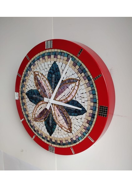 Taş Desenli Ofis Salon Duvar Saati Kırmızı Metal Çerçeve 36 cm