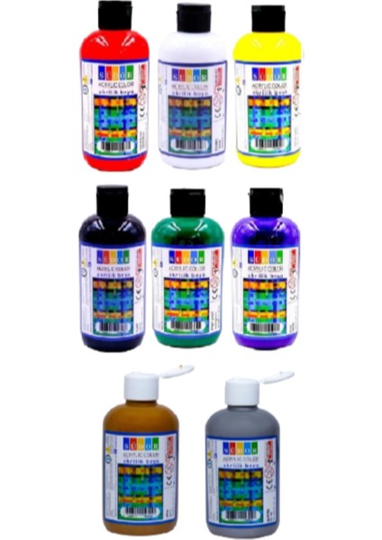 Akrilik Boya 250 ml 8 Adet 250 ml Ana Renkler 6AD Gümüş 1 Ad Altın 1 Ad