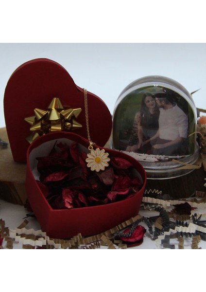 Kar Küresi Kalpli Papatya Kolye Bileklik Altın Kaplama Özel Kutulu Set