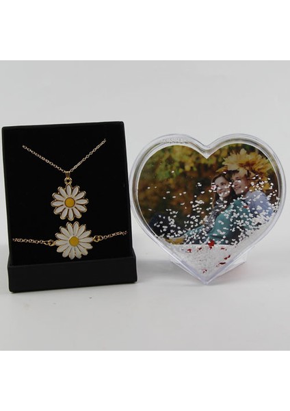 Kar Küresi Kalpli Papatya Kolye Bileklik Altın Kaplama Özel Kutulu Set fiyatları