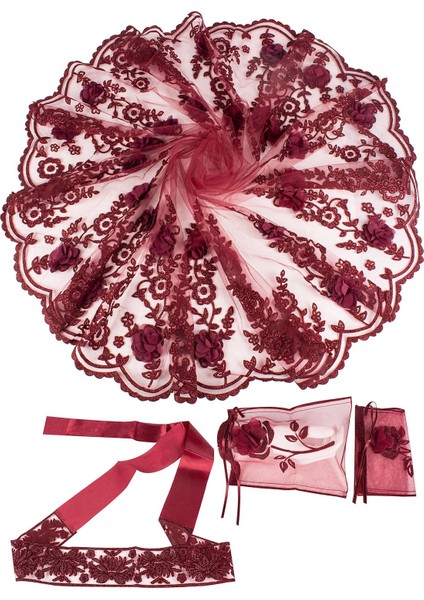 Kına Örtüsü 3D Flok Dallı Çiçekli 3 Lü Duvak Seti