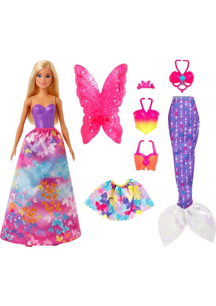 Dreamtopia Dönüşen Prenses Bebek Oyun Seti, 32 cm Boyunda, Sarışın, 3 Adet Kostümlü GJK40