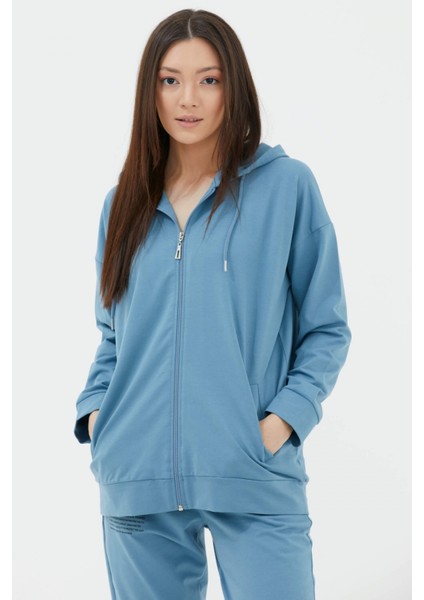 Fermuarlı Oversize Sweat - Mavi
