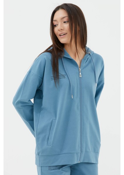 Fermuarlı Oversize Sweat - Mavi