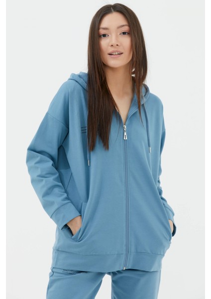 Fermuarlı Oversize Sweat - Mavi