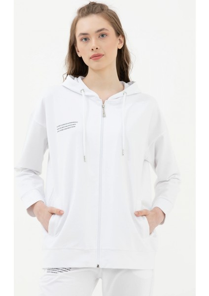 Fermuarlı Oversize Sweat - Beyaz