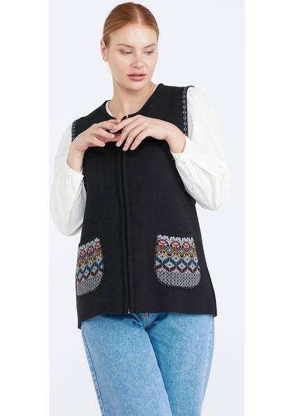 Kadın Cepli Fermuarlı Triko Yelek - Siyah - Gri fiyatları