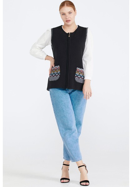 Kadın Cepli Fermuarlı Triko Yelek - Siyah - Gri modelleri