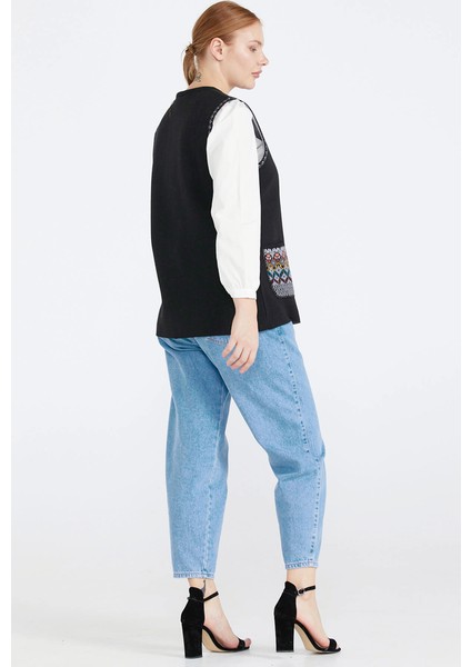 Kadın Cepli Fermuarlı Triko Yelek - Siyah - Gri fırsatları