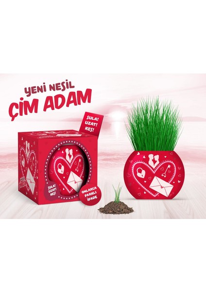 Çim Adam Figür Aşk Kalp, Cocopeat & Torflu Toprak, İngiliz Çimi, Kedi Otu CFA11