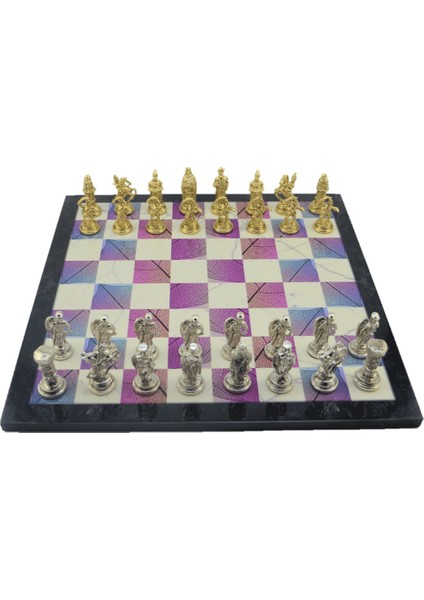 Metal Satranç Takımı Orta Boy Osmanlı Bizans Figürlü Parlak Satranç Taşı ve Mdf Bahar Desenli Satranç Tahtası