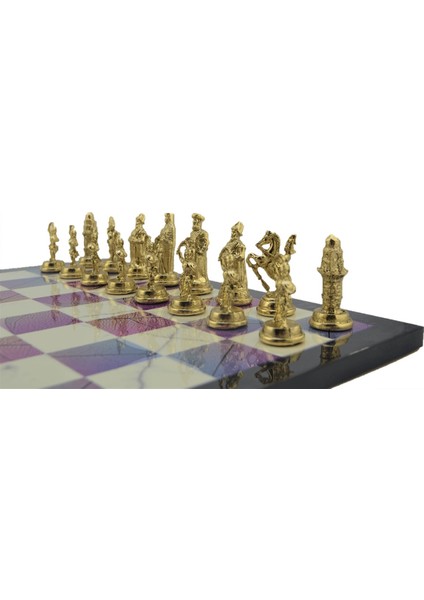 Metal Satranç Takımı Orta Boy Osmanlı Bizans Figürlü Parlak Satranç Taşı ve Mdf Bahar Desenli Satranç Tahtası indirimleri