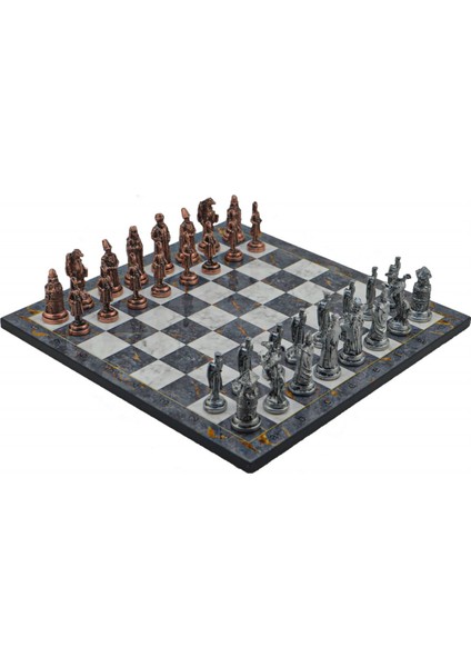 Metal Satranç Takımı Büyük Osmanlı & Bizans Antik ve Gri Mermer Desenli Satranç Tahtası