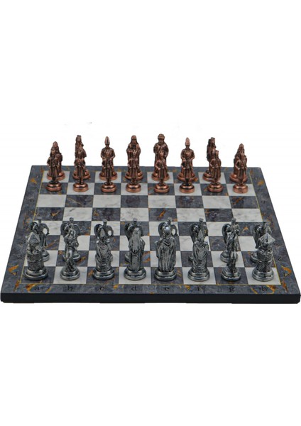 Metal Satranç Takımı Büyük Osmanlı & Bizans Antik ve Gri Mermer Desenli Satranç Tahtası modelleri