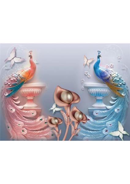 Inci Çiçek ve Tavus Kuşu 3D Duvar Kağıdı Vinil