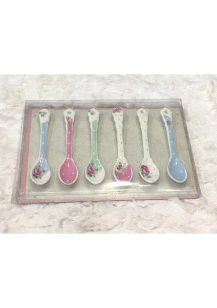 6'lı Porselen Çay Kaşık Set 11cm Çiçekli Beyaz Mavi Pembe Yeşil Dekoratif Hediyelik Şık Klasik